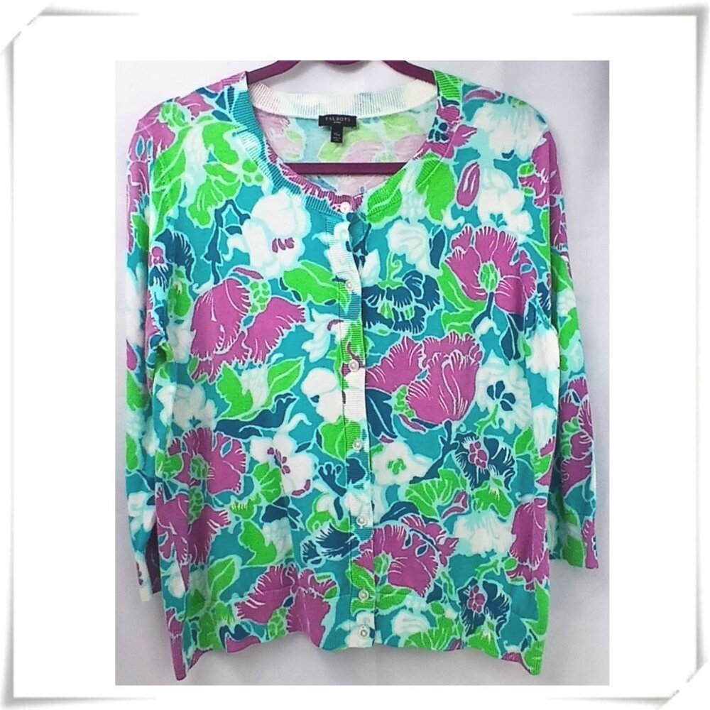 Talbots Petite Bright Green Pink Floral 3/4 Sleeve Scoop-neck Knit Cardigan GUC